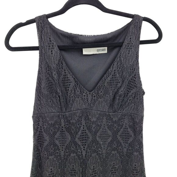 80s Necessary Objects Flapper Dress S Black Midi Lace Overlay Scallop Fringe Hem - Picture 3 of 10